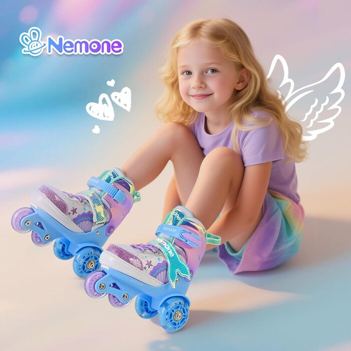 Дитячі ролики Nemone для дівчаток, блакитно-фіолетові, 4 розміри, регульовані, для катання в приміщенні та на вулиці