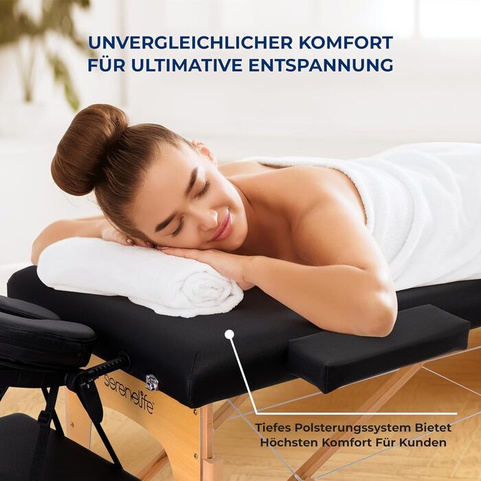 Крісло-масаж SereneLife складне - 3 зони, дерев'яний каркас, регулювання висоти, чорний колір. Портативне, з сумкою, PU-обтягнення та піна. Для велнес, косметології та терапії