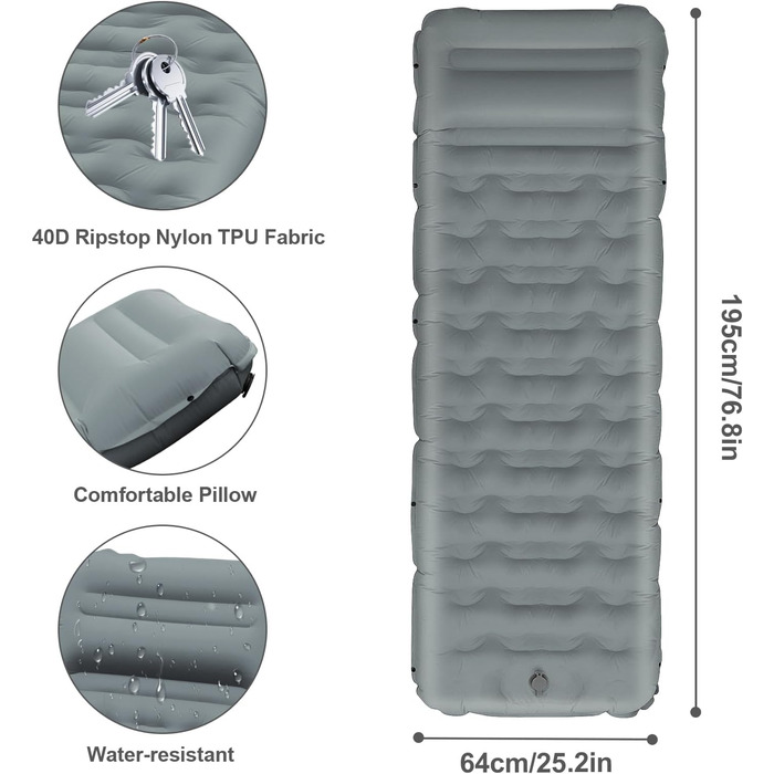 Ізомат FTSMTK самонадувна з помпою, 12 см товщина, для кемпінгу, ультралегка, компактна, надувна, спальний килимок для відпочинку на природі сірого кольору