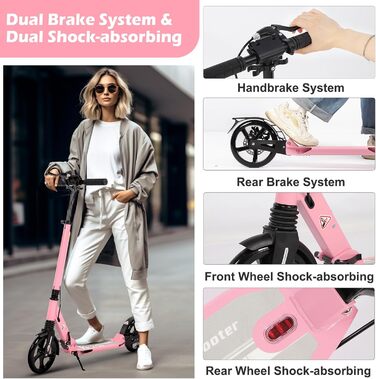 Дитячий складаний самокат з великими колесами 200 мм, гальма дискові, регульована висота, для дітей 8-15 років (Рожевий)