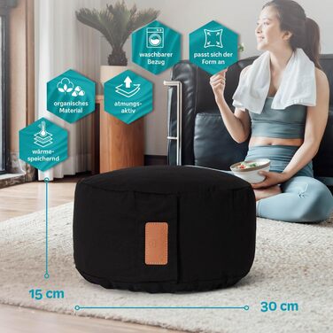 Йога болстер rundes 30см x 15см | Знімний чохол | Наповнений органічною лузгою пшениці або органічною лузгою гречки | Йога подушка для Інь-йоги та медитації, гречка чорна