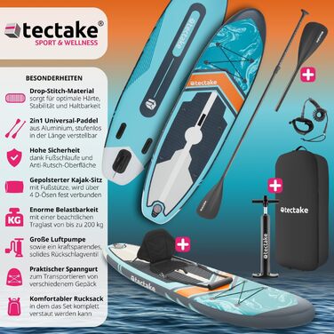 Надувна SUP-дошка tectake® з насосом, сидінням, веслом, фіннами, рюкзаком, до 200 кг, для водного спорту та падлінгу