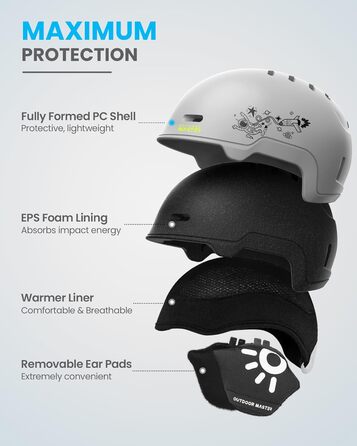 Дитячий лижний шолом і маска OutdoorMaster, сноубордичний шолом із міцної PC-оболонки та EPS-піни, 12 вентиляційних отворів, регульований, сертифікований, для хлопчиків і дівчаток