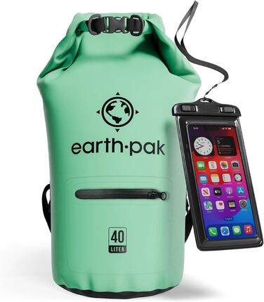Earth Pak Dry Bag 40L – Водонепроникний рюкзак-мішок з водонепроникним відділенням для телефону, плечовим ременем. Ідеально для каякінгу, кемпінгу, риболовлі, катання на човні та рафтингу. Колір: Оливковий (Морський піногранування)