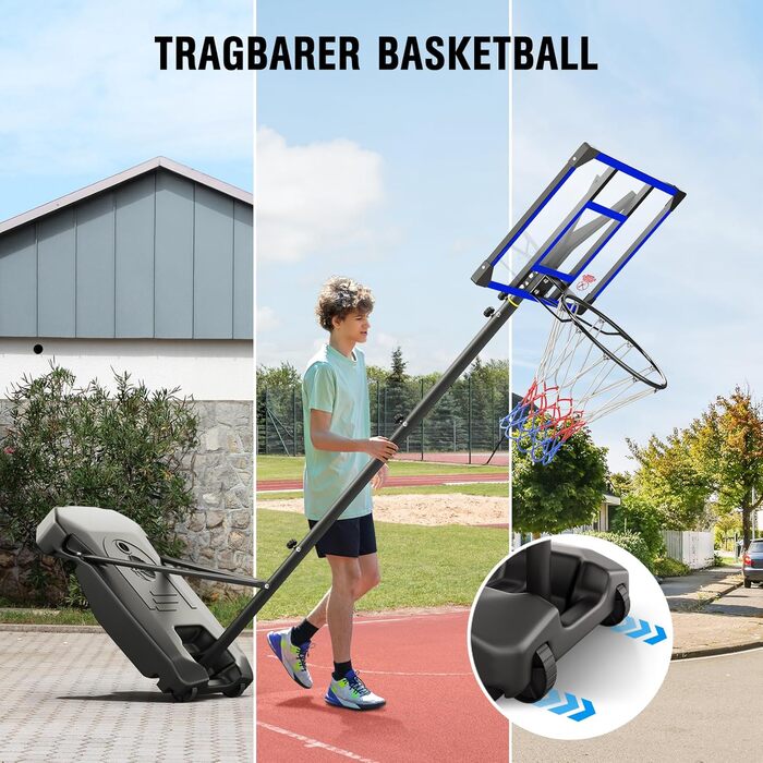 Баскетбольний кошик Outdoor зі стійкою, регульована висота 147-260 см, міцна задня стінка 82x53 см, збільшений діаметр основи та колеса, для гри в приміщенні та на вулиці (Блакитний)