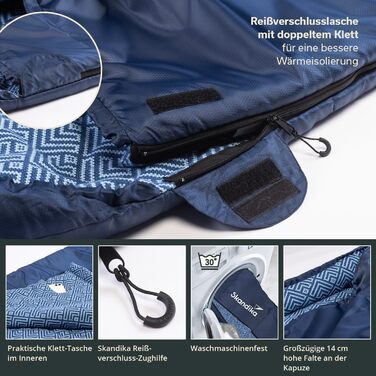 Спальний мішок Skandika Dundee Flanell з бавовни, преміум-якість, з'єднується, двомісний, 3 сезони, до -20°C, 220 x 80/160 см, для кемпінгу та відпочинку на природі (індиго + подушка)