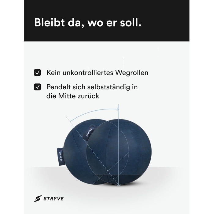 STRYVE Фітбол для офісу 65-70 см - ергономічний фітнес-м'яч знімний чохол, захист від скочування, повітряний насос, до 150 кг, синій штучна шкіра