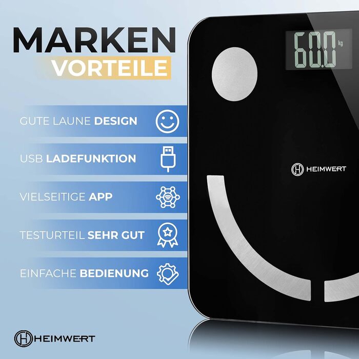 Вага для аналізу складу тіла Heimwert з Bluetooth, USB-зарядкою та додатком - персональна вага для вимірювання жиру