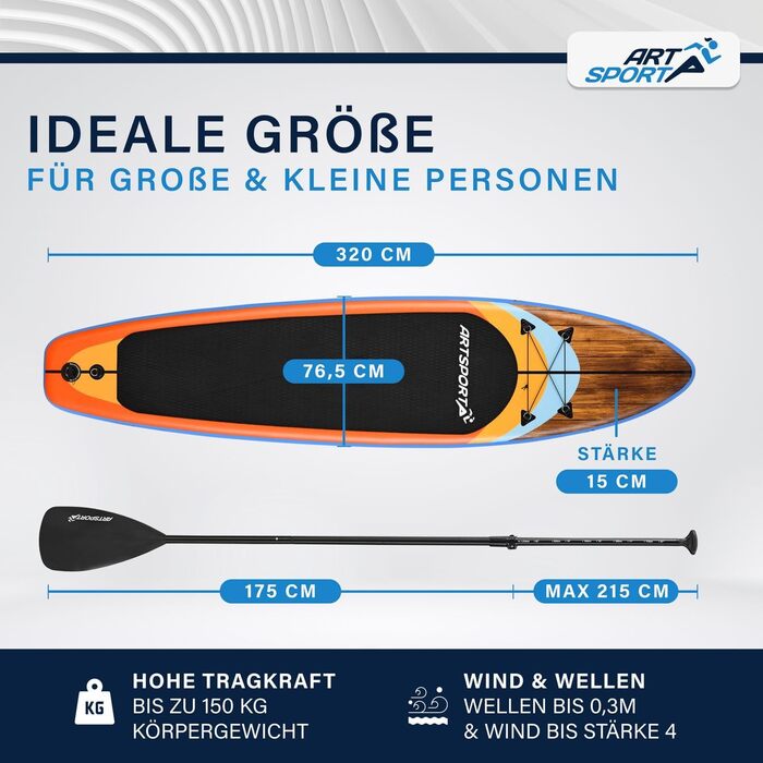 Набір для SUP-бордингу ArtSport надувний 320 см, до 150 кг: весло, насос, ліш, сумка та аксесуари - SUP Board Beach Rocker (біло-кольоровий)