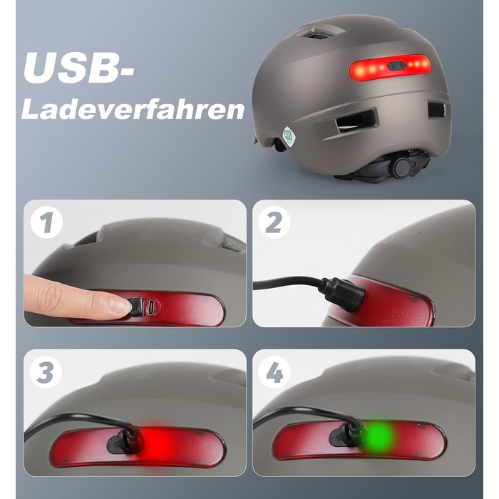 KINGLEAD Шолом для велосипеда з підсвічуванням, 5 режимів світла, USB-зарядка, для жінок та чоловіків, легкий шолом для дорослих, скутер, електровелосипед, шосе, Титан, 58-61 см