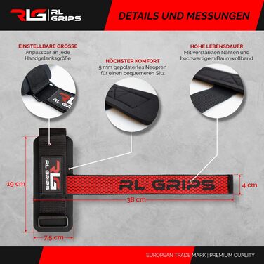 Лямки для тяги RL Grips з захистом зап'ясть для важкої атлетики, пауерліфтингу та бодібілдингу, червоні