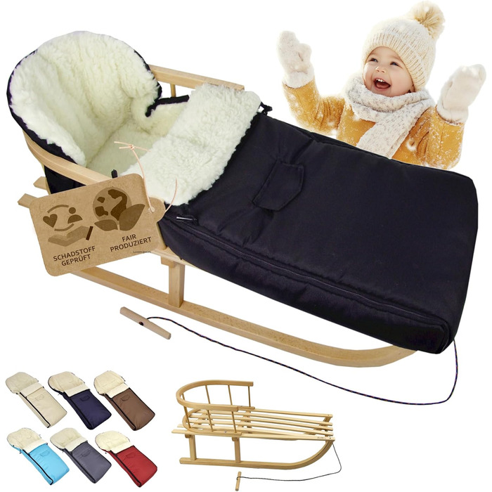 Дерев'яні санки BambiniWelt з підніжкою та тяговим тросом + зимовий чохол для ніг 108 см – тепла вовна, водовідштовхуючі – комбінований набір для дитячої коляски та візка Чорний