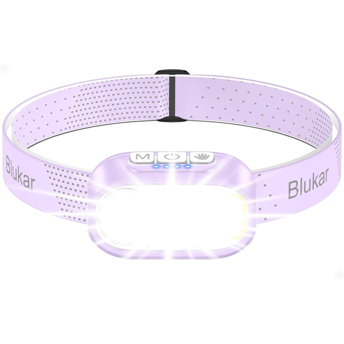 Кепка-ліхтар Blukar LED з 2 режимами кольору, перезарядна, 2000L, регульована яскравість, червоне світло, датчик, 12 режимів, водонепроникна, 30+ годин роботи для надзвичайних ситуацій/кемпінгу/бігу (світло-фіолетовий)