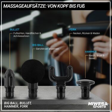 Масажний пістолет Miweba Sports MM10, 4 насадки, 4 режими, кейс, чорний
