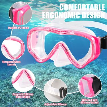 Набір для снорклінгу для дітей HIKOTEY, сухий сноркель, маска для снорклінгу з антизапітніюючим покриттям, водонепроникні затички для вух, рожевий (B1)