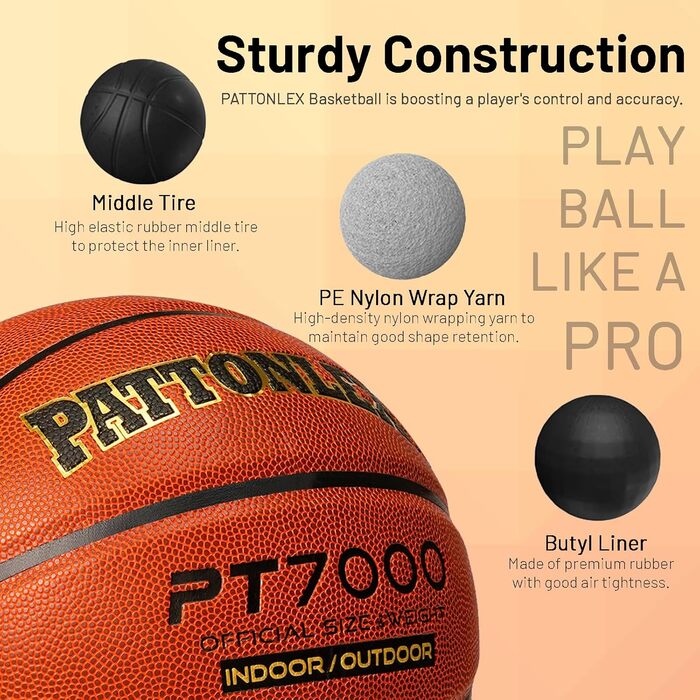 М'яч баскетбольний Pattonlex 29.5'' розмір 7 - Композитна шкіра - Для залу та вулиці - Оранжевий