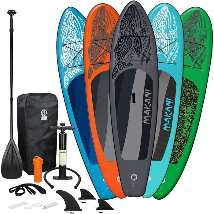 Надувна SUP-дошка ECD Germany Makani 320 см, PVC, алюмінієве весло, повний комплект, синя/помаранчева/чорна/бірюзова/зелена – для веслування, серфінгу, універсальна дошка