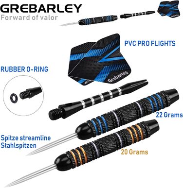 Професійні дротики Grebarley з металевим наконечником, 12 шт, стілдарти 18 г з алюмінієвим стержнем, 9 польотів, 20 орінгів