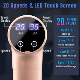 Масажер для м'язів з підігрівом, електричний масажний пістолет з LED-екраном, 20 швидкостей, 10 насадок, сумка, тихий (рожевий)