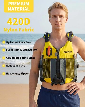 Рятувальний жилет Owntop для дорослих та юнаків з пискликом та рюкзаком для води | Легка унісекс куртка для SUP, каякінгу, риболовлі та інших водних видів спорту (XXS, жовтий)