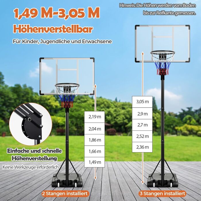 Баскетбольне кільце Gymax вуличне, регульована висота 204-358 см, стійка на колесах, з утяжеленою основою, для підлітків та дорослих 236-305 см