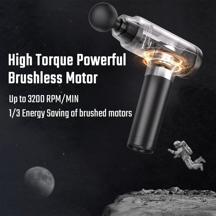 Масажер для м'язів з підігрівом, електричний масажний пістолет з LED-екраном, 20 швидкостей, 10 насадок, кейс, тихий, чорний