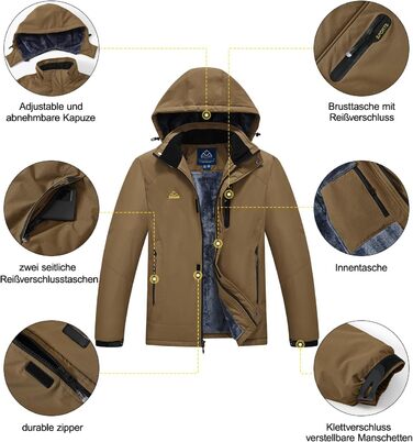 Чоловіча зимова куртка YSENTO, водонепроникна, з флісовою підкладкою, для активного відпочинку, софтшел, дихаюча, для катання на лижах та сноуборді з капюшоном (L, Кофе)