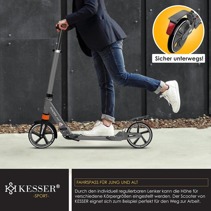 Самокат KESSER Cityroller Pro-S з великими колесами 205 мм, PU, з подвійною амортизацією, складаний та регульований по висоті, для дорослих і дітей