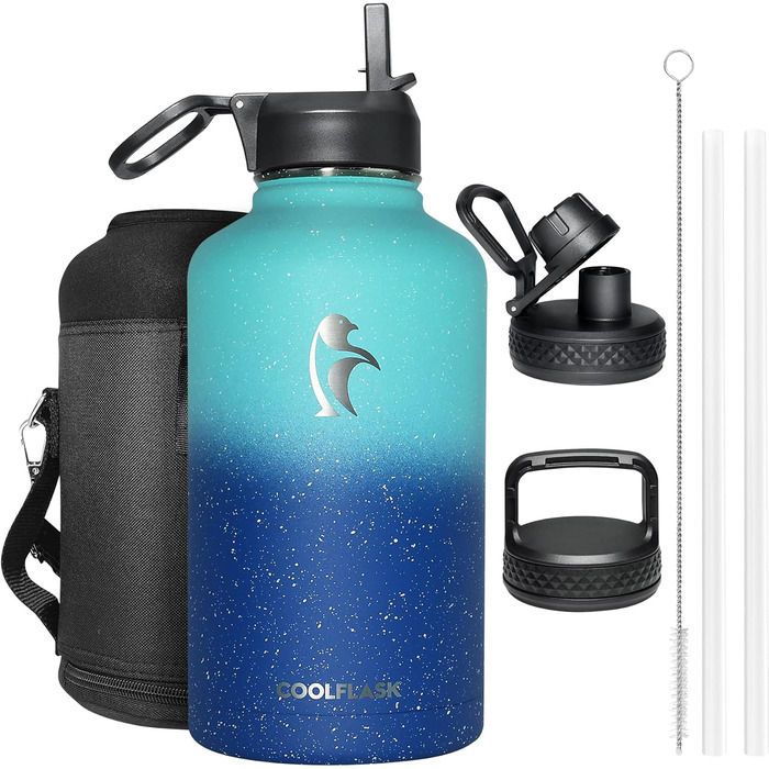 Термос Coolflask 2L із нержавіючої сталі з трубочкою, три кришки, вакуумна ізоляція, спортивна пляшка для води, для подорожей, синій градієнт