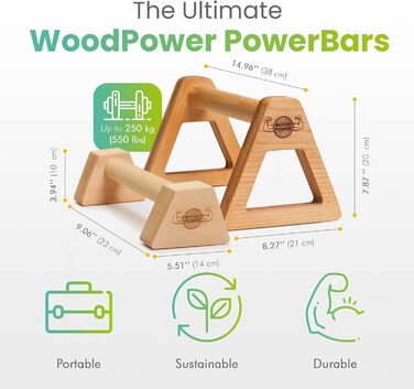 Дерев'яні бруси WOODPOWER PowerBars для віджимань, йоги та каллістеніки, нековзкі, для приміщення і вулиці, захист суглобів, комплект XS+XL
