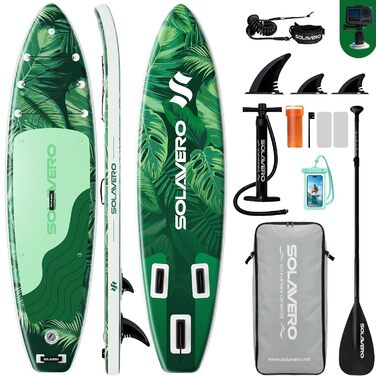 SUP дошка Solavero надувна з аксесуарами, 323x83x15 см, до 200 кг, Eva-покриття, зелений джунглі - для початківців та сімей