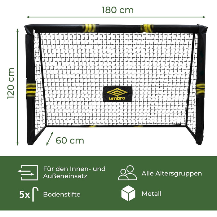 Футбольні ворота Umbro 180x120x60 см металеві для саду, дітей і дорослих, чорні/жовті, для тренувань, для вулиці та приміщення