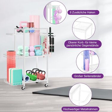 Стійка для зберігання спортивного обладнання SMUSEI: 3 яруси, металева, з роликами та 8 гачками. Підходить для йог-матів, гантелей, гир та іншого обладнання для дому.