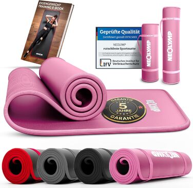 NEOLYMP Fitness Mat - Товста та неслизька фітнес-мат з E-book та ремінком - для йоги, пілатесу, тренувань (Рожева, 61 см)
