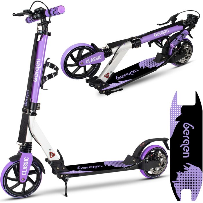 Самокат міський Bergen City Scooter Classic складаний - 200 мм колеса, дискове та ножне гальмо, 2 амортизатори, алюмінієвий, регульована висота, для дітей від 6 років та дорослих до 100 кг, фіолетовий