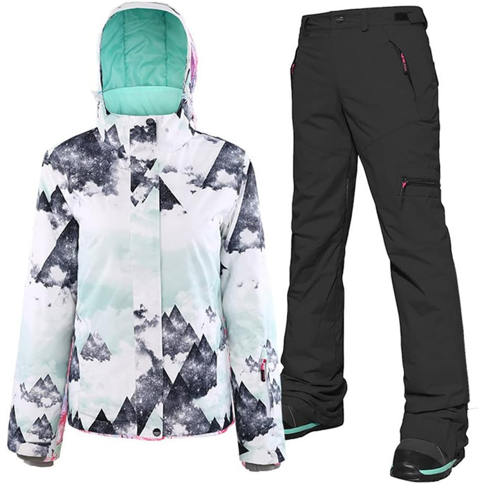 Водонепроникний та вітронепроникний жіночий комплект для катання на лижах (куртка та штани) – теплий зимовий костюм для походів та сноубордингу, оранжево-чорний (L, білий+чорний)