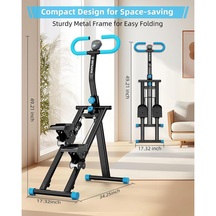 Вертикальний тренажер для кардіо, сходиця для дому, вертикальний альпініст з LCD-дисплеєм, 3 рівні складності, блакитний