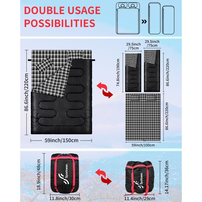 Сплячий мішок Outdoor Sportneer для 2 осіб: двомісний спальний мішок для кемпінгу, 3 сезони, 220x150 см, 2.75 кг, з 2 подушками, для дорослих, чорний (без фланелевої підкладки)