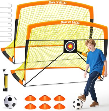 Ворота для футболу Dimples Excel Pop-Up – розкладні для дітей | 1 або 2 шт. у розмірах 120x90 / 152x110 / 213x152 см | 3 кольори на вибір | Опційно з м'ячем, насосом, фігурками та мішенню | Для саду та як подарунок (2-152x110 Оранжевий+Аксесуари)