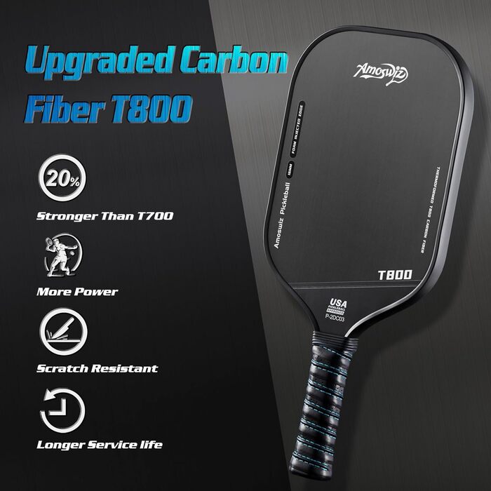 Ракетка для піклболу Amoswiz з карбону, 16 мм, T800 термоформована, для обертання, потужності та контролю, з чохлом та ластиком, подарунок для професіоналів та початківців (чорний)