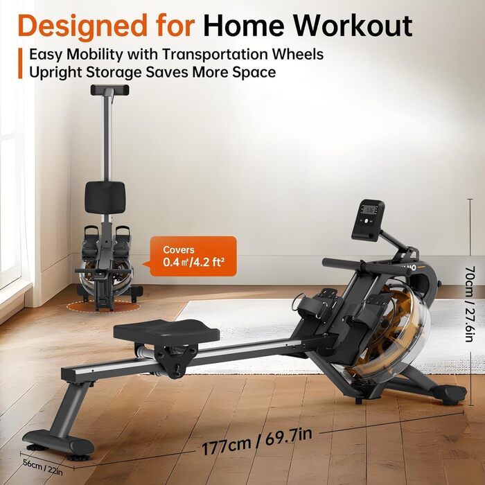 Гребний тренажер YAMO YR40 - жовтий, 16л, 6 рівнів опору, LCD, Bluetooth, Kinomap, 158кг