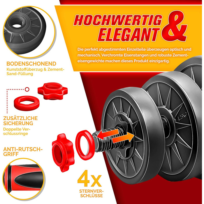 Набір гантелей 2-в-1 Hanteln Set 15-30 кг: регульовані гантелі, штанга зі зірковими фіксаторами, з'єднувальна труба (включно з гирею 40 кг)