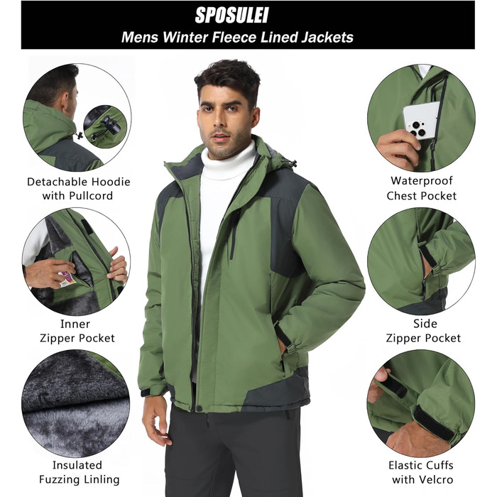 SPOSULEI Чоловіча флісова куртка на зиму, тепла, з підкладкою, для катання на лижах, outdoor, вітронепроникна, водонепроникна, знімний капюшон, для піших прогулянок, XL, трав'яно-зелений