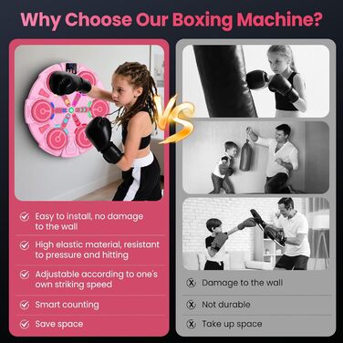 Музична боксерська машина IERAKOR для дітей, рожева: LED-підсвічування, Bluetooth, 5 швидкостей, автоматичний підрахунок