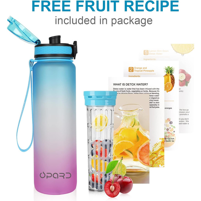 Спортивна пляшка для води Opard 900 мл з герметичним кришкою, без BPA, Tritan, для фітнесу (блакитно-сірий градієнт) (1л-вставка для фруктів, блакитний, фіолетовий)