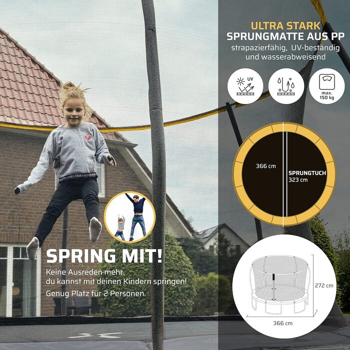 Трамплін SportPlus Outdoor 305/366 см з захисним покриттям та сіткою, для саду, до 120/150 кг, сертифікат GS