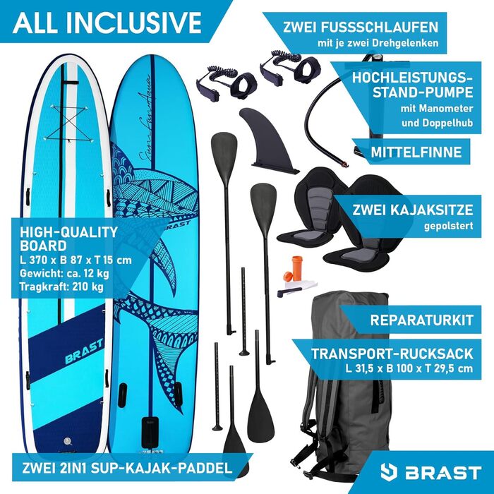 Надувна SUP-дошка BRAST Family XXL 370x87x15 см, комплект для сім'ї до 210 кг, з аксесуарами: 2 каяк-сидіння, 2 педалі, 2 весла, насос, рюкзак
