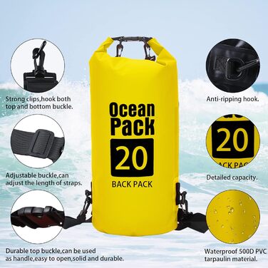 Водонепроникний мішок Dry Bag 30L з регульованим плечовим ременем. Ідеально для каякінгу, сплаву, туризму, кемпінгу та сноубордингу. Жовтий колір