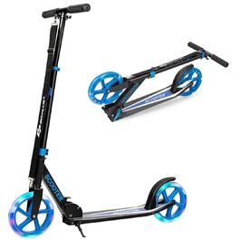 Дитячий трюковий самокат GOPLUS Roller Kinder 10 років, 3-ступенева регулювання висоти, алюмінієвий, складної конструкції, з LED-колесами, гальмом на задньому колесі, ременем та підставкою, до 100 кг (Блакитний)