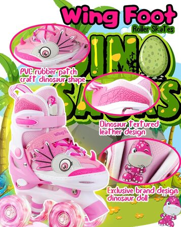 Ролики дитячі Kinder Dinosaurier з підсвічуванням, розмір регулюється, рожеві